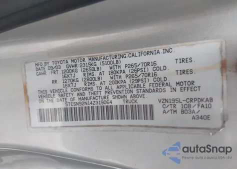 2004 Toyota Tacoma Prerunner V6 z USA, uszkodzony, nr VIN 5TESN92N14Z319064